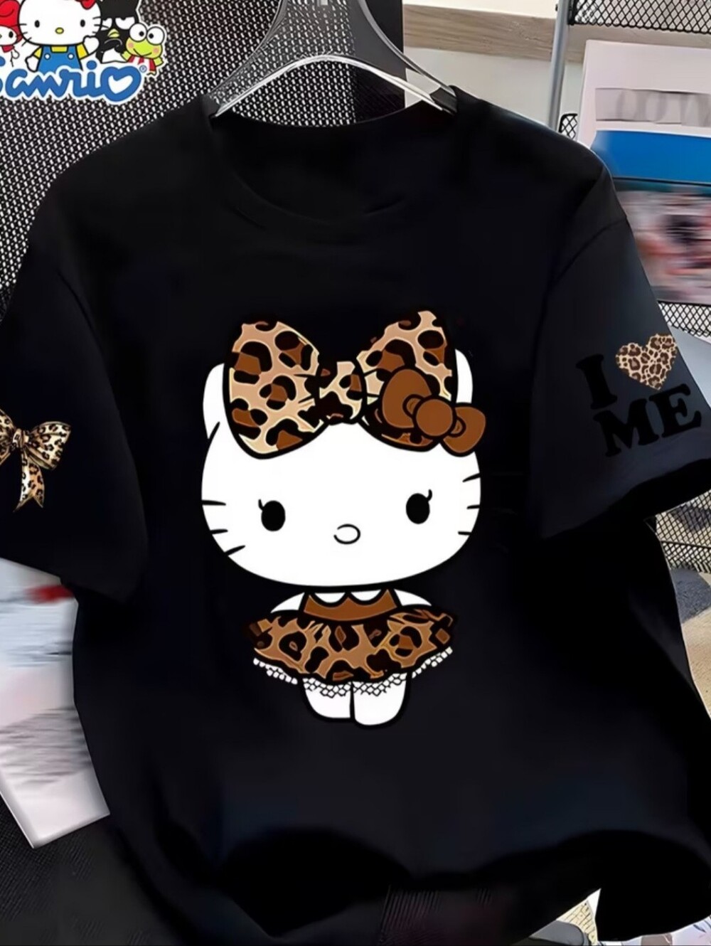 Hello Kitty Black Tee with Leopard Print Bow & Skirt